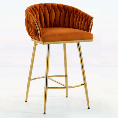 26'' Counter Height Bar Stools with Velvet Upholstery, Hand-Wave Back, Golden Chromed Base and Footrest, Orange