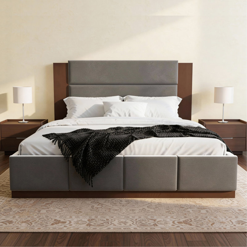 King Size Platform Bed Upholstered Frame with Extended Headboard, Modern Bed with Base, No Box Spring Needed, Grey Velet