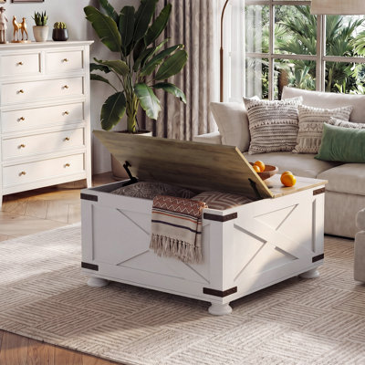 Table basse Farmhouse, table basse carrée 31,5 po avec couvercle rabattable et grand compartiment de rangement caché pour le salon