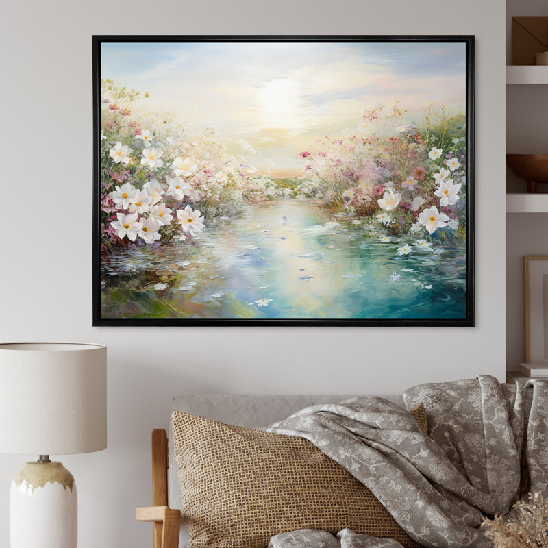 «Simplity Wreath Green Flower Field I» sur toile, Cadre flottant noir, H 12 po x l 20 po x P 1 po