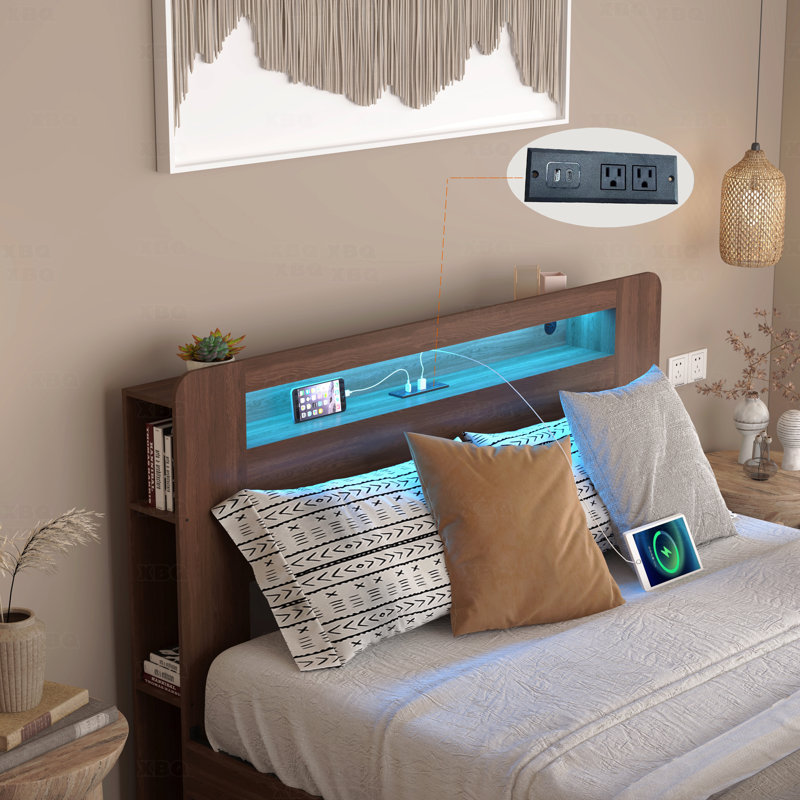 Base de lit plateforme en bois avec tablette de bibliothèque et 2 tiroirs de rangement, tête de lit à DEL avec rangement