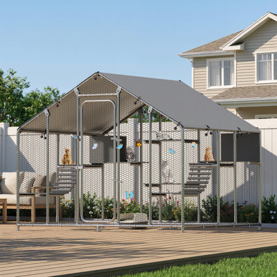 Extra Large Catio Outdoor Cat Enclosure For Multiple Cats, Walk-in Cat House Cage With Waterproof Cover, 6 Platforms, 2 Condos & 2 Bridges, Chicken Coop Run, Rabbit Hutch, Pointed Roof