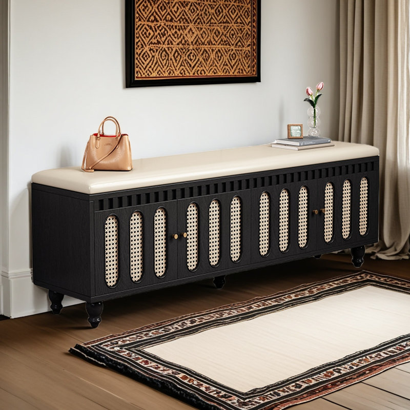 Banc de rangement pour chaussures en bois massif avec coussin de siège, Noir, noir, noir, noir