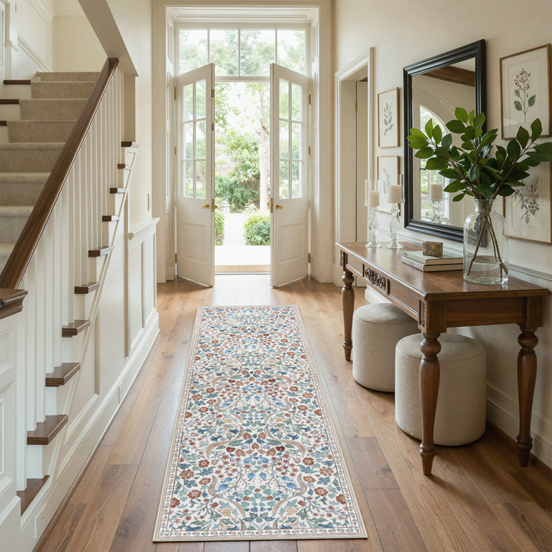 Tapis lavable à motif floral Kaldi, Tapis de couloir 2 pi x 6 pi, Beige