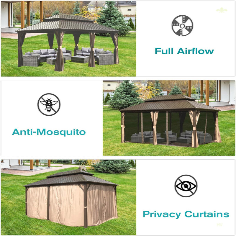 Brown Aluminum Hardtop Gazebo with Galvanized Steel Roof and Curtains