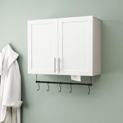 Bathroom Wall Cabinet With Adjustable Shelf, Towel Bar, 5 Hooks - White, 15Mm Particle Board 3Mm , Ideal For And Kitchen Decor, 31.92*11.66*30.06In Over Toilet Storage, Cabinet, Hooks, Board,