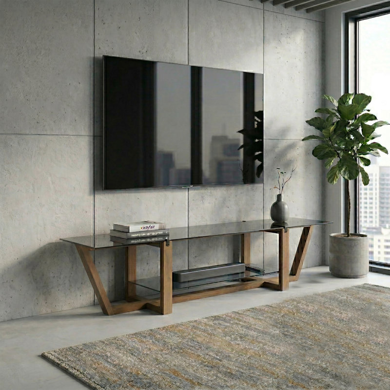 Meuble télé Aria en bois massif avec plateau en verre trempé pour téléviseurs jusqu'à 75 pouces