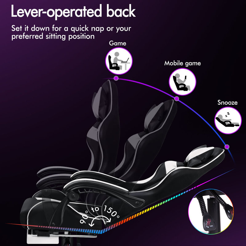 ELFORDSON Adjustable Reclining Swiveling PC & Racing Game Chair with Footrest, White