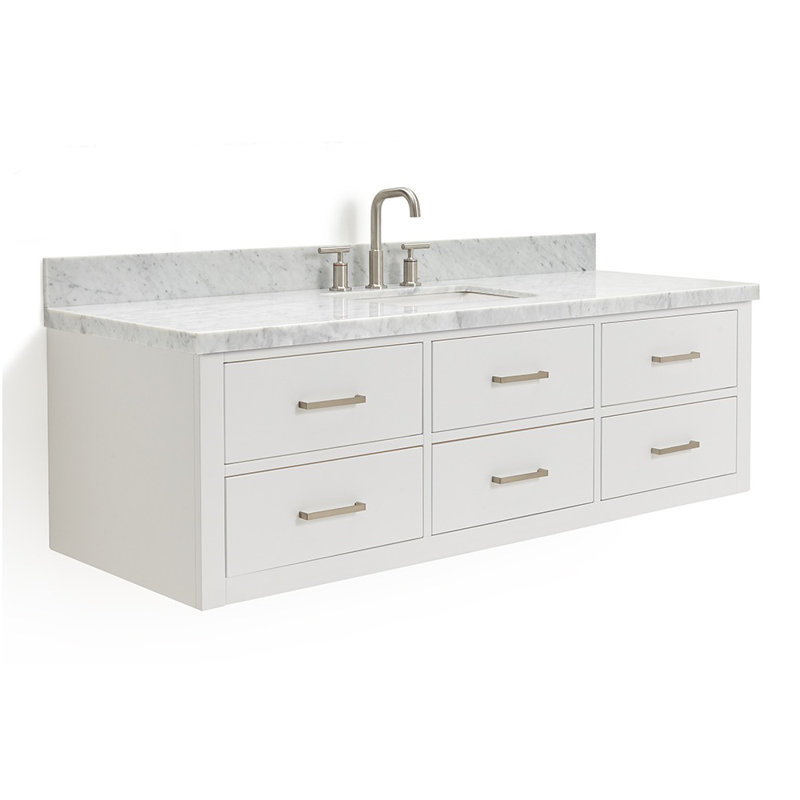 Ensemble de meuble-lavabo mural simple 61 po, Blanc, Nickel brossé