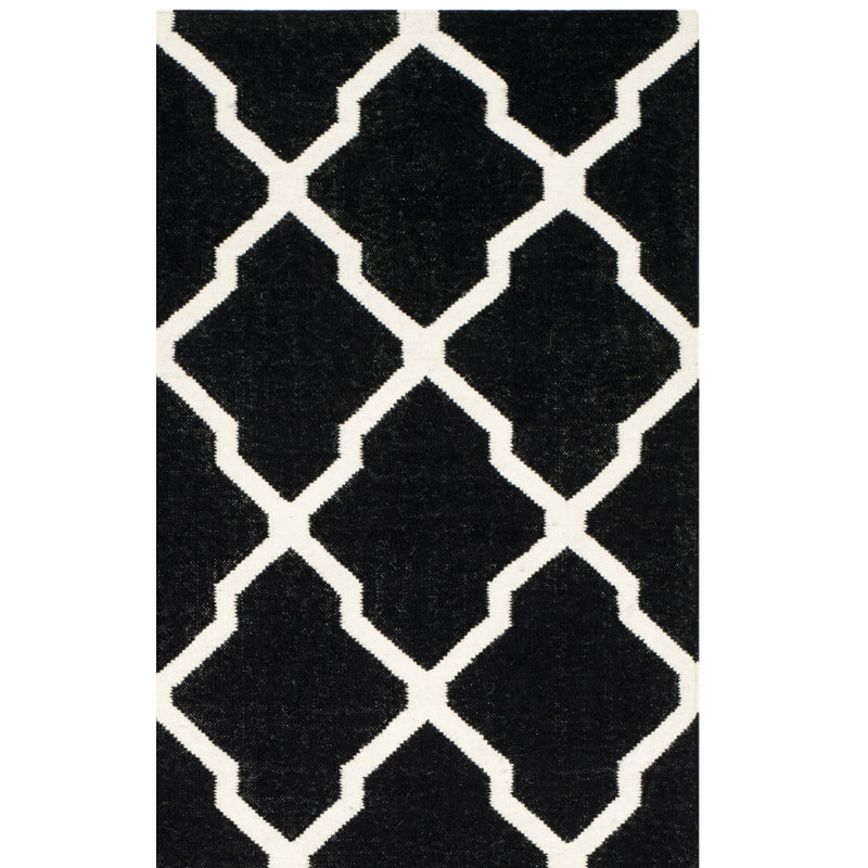 Rodgers Hand Woven Flat Weave Wool/Cotton Geometric Rug in Black/Ivory, Square 6'