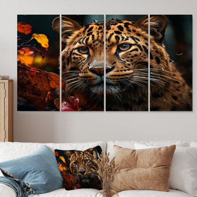 Leopard Photo In Autumn II - Leopard, art mural sur toile 4 pièces