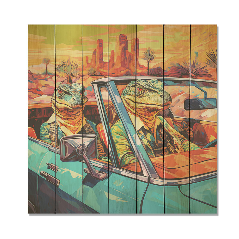 Reptile Riders Alligator And Lizards In Motion - Crocodile Animal On Wood Print, 15" H x 15" W