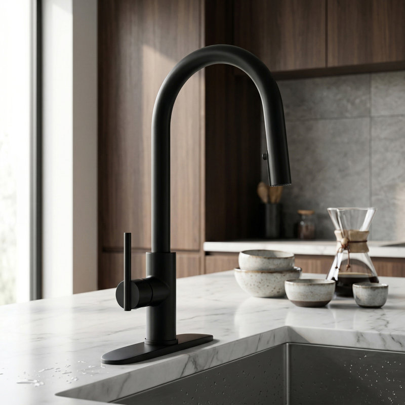 Single Handle Kitchen Faucet Pull Down Sprayer with Soap Dispenser in Matte Black