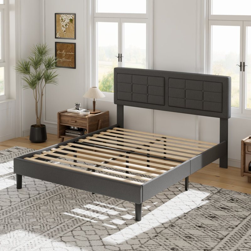 Structure de lit double Kempst, cadre de lit plateforme double rembourré avec tête de lit capitonnée à hauteur réglable, sommier robuste avec lattes de bois, aucun sommier requis, rangement sous le lit