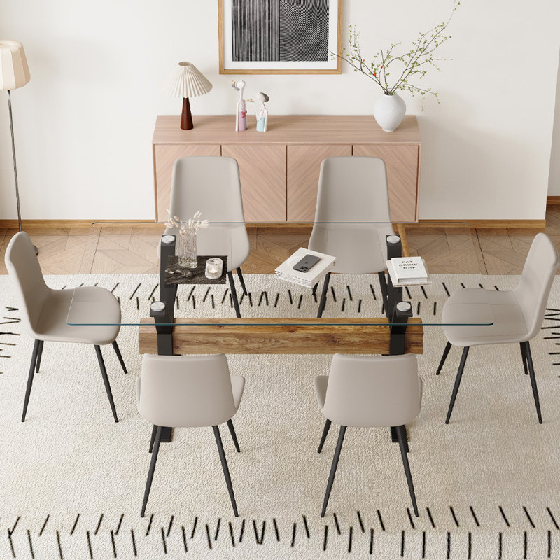7-Piece Glass Top Dining Table Sets, Gray/Black
