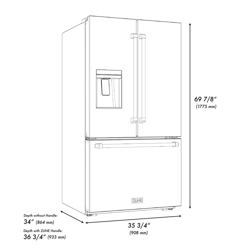 ZLINE 36 in. Standard-Depth French Door Refrigerator w/ 2 Ice Makers, Champagne Bronze, Stainless Steel