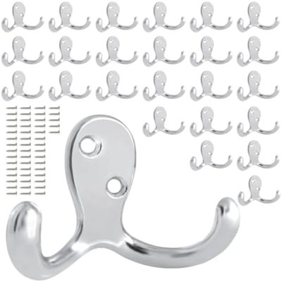 25 Pack Coat Hooks Wall Hooks for Hanging, Heavy Duty Double Prong Metal Hook Wall Mounted for Living Room, Bathroom, Kitchen, Bedroom for Coat, Bag, Scarf, Towel, Hat, Key, Cup (Silver)