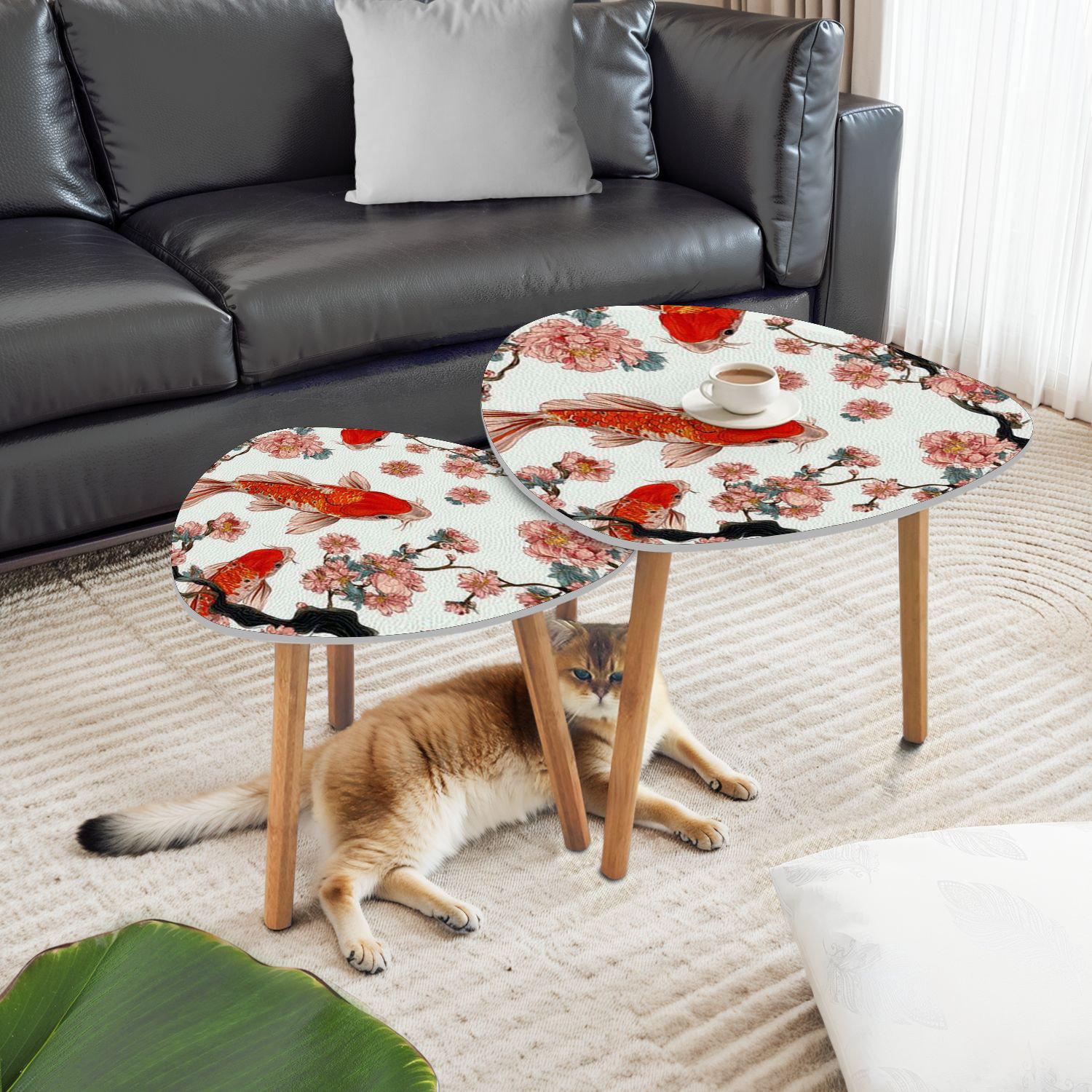 George Oliver Triangle Nesting Coffee Table Set of 2 floral drawn fish ...