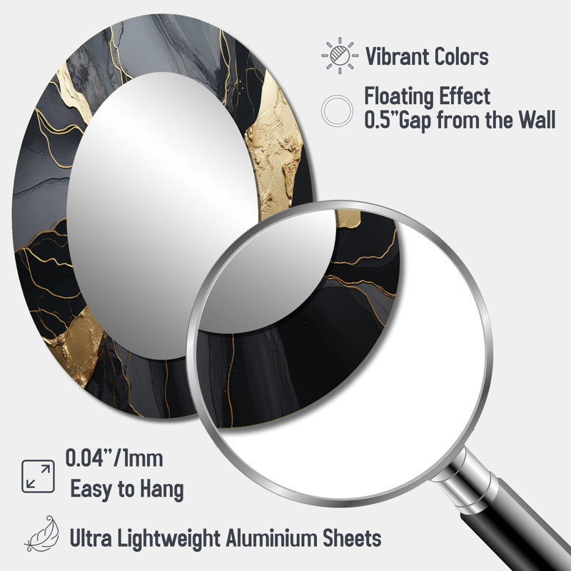 Minimalism Chrome Black And Gold Poteries - Abstract Oval Decorative Mirror On Metal, 40" x 30"