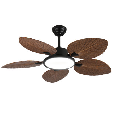 52 Inch Palm Leaf Ceiling Fan with Light and Remote - Black Motor Walnut Finish Blades, Quiet DC Motor, Dimmable LED, 6 Speeds Reversible, 6/10/24 Inch Downrods & Sloped Ceiling (Walnut, 52 Inch)