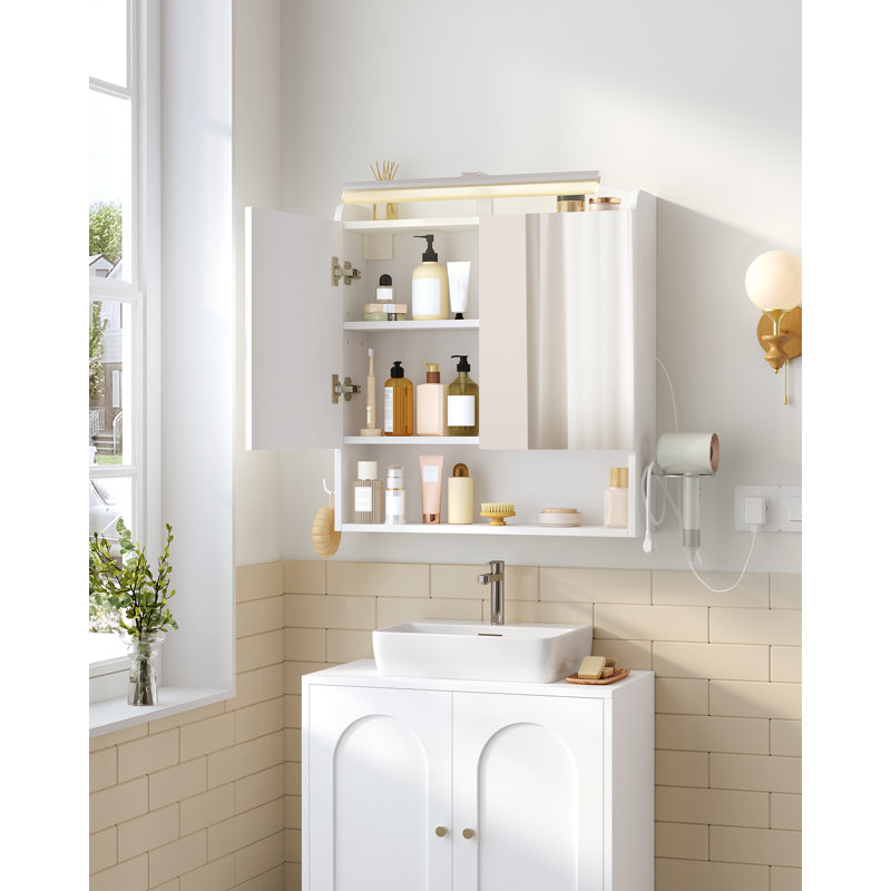 Bathroom Mirror Cabinet with LED Lights, Bathroom Wall Cabinet with Plug, Bathroom Cabinet, 2 Doors and Open Storage, Adjustable Shelf, Hair Dryer Holder and Hooks, Modern