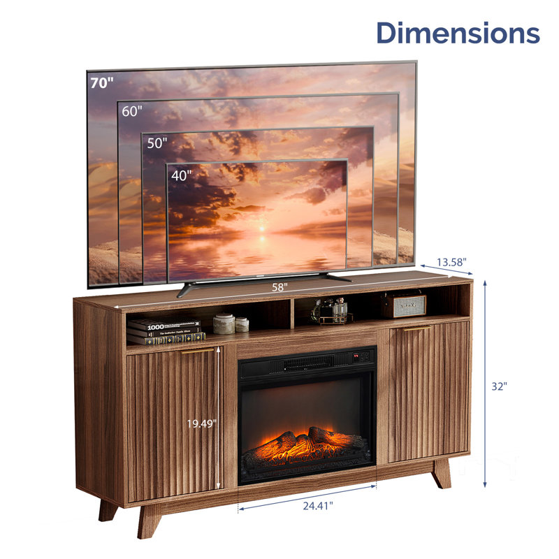Farmhouse 58'' TV Stand For Tvs Up To 70'' With Electric Fireplace And 2-Door, Walnut