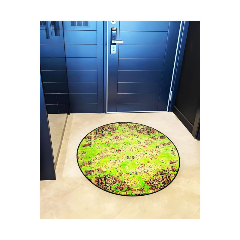 Antique Carpet With Green Line Detail On Woven Base Modern Decorative Carpet, Round 4'