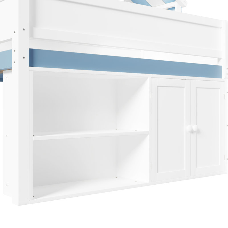 Full Size Loft Bed With Canopy And Storage Cabinet, House - Shaped For A Fun , Multiple Shelves Of Books Inspired Creativity Boost, Book Cloth