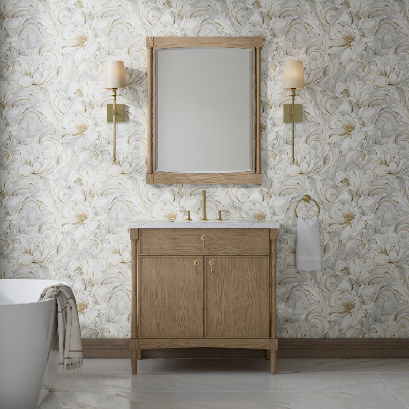 Kinnsden 36" W Single Vanity, Ethereal Noctis Silestone, 8" Widespread, Weathered Oak