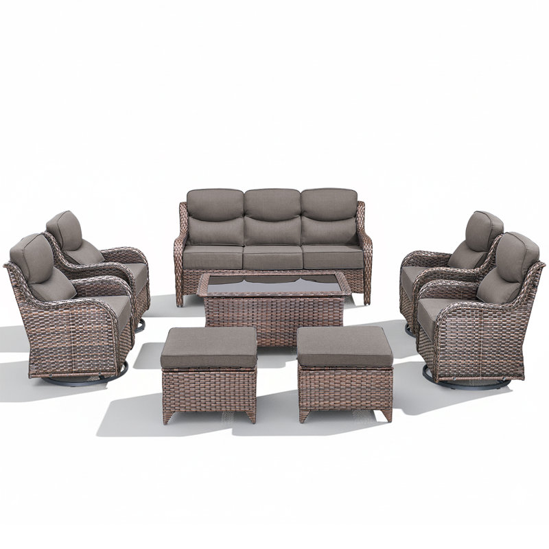 7-9 Person Outdoor Wicker Patio Conversation Set With Swivel Chairs And Coffee Table, Brown, Gray