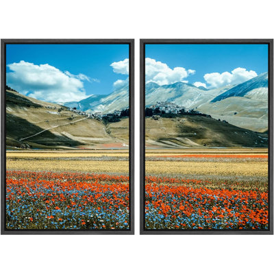 " Mountain Range Cloudy Sky Forest Flower Field Nature Landscape Photography Decor " 2 - Pieces