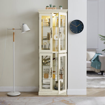 Display Cabinet With Mechanism And Antique White Finish Elegant Adjustable Shelves Decoration