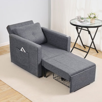 Canapé-lit, canapé-lit convertible avec poche latérale, oreiller, accoudoir et planche de bureau, dossier à 5 angles réglables, canapé-lit simple coulissant avec 2 roulettes et rangement inférieur, gris