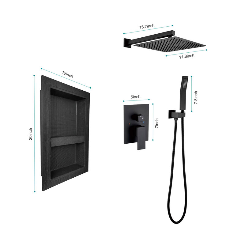 Shower System with rain shower head, hand shower head, water control valve, shower bracket, hose and niche, Matte Black