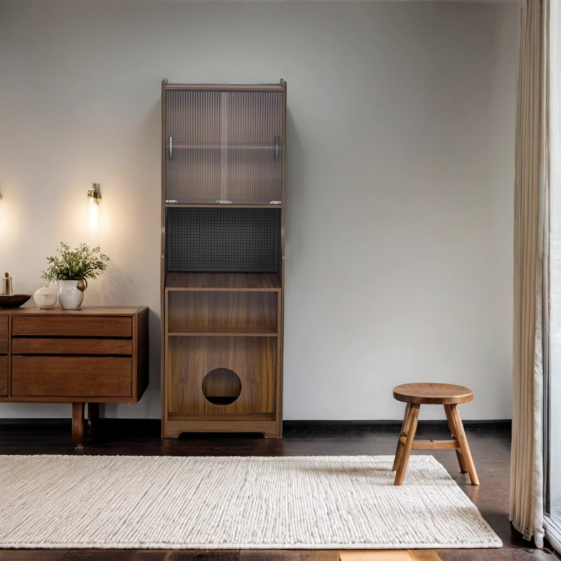 Multi-use Walnut Mdf Mid-century Cabinet For Cats With Scratch Bed