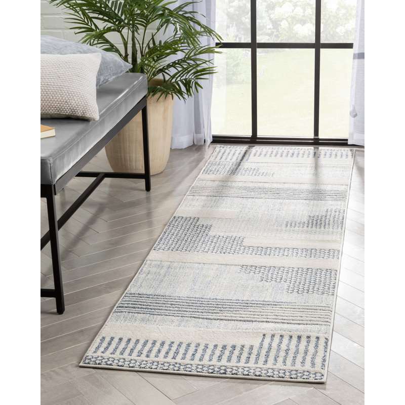 Tapis à motif géométrique abstrait bleu clair Marcone Briar, Tapis de couloir 2 pi 3 po x 7 pi 3 po