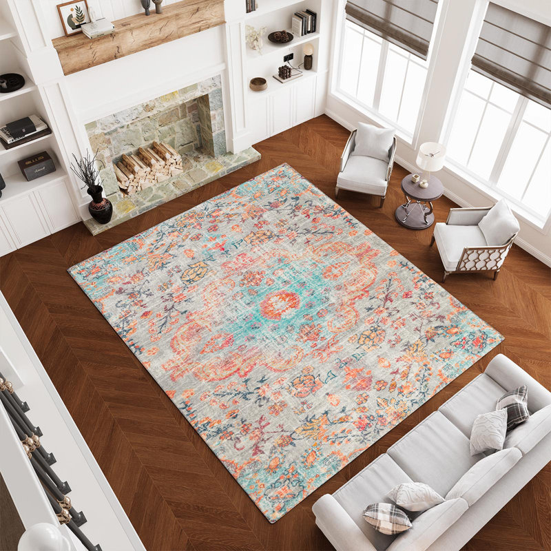 Juanelle Performance Washable Indoor Rug, Retangle 8' x 10', Teal & Coral
