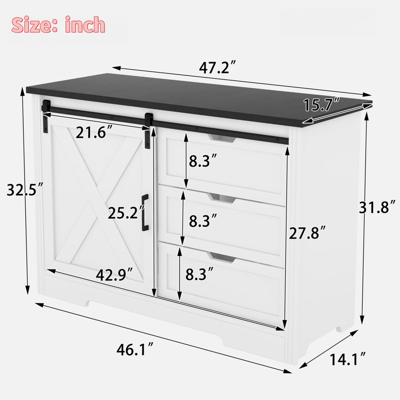 Farmhouse Sideboard With A Silent Sliding Door And Three Drawers, White/Black