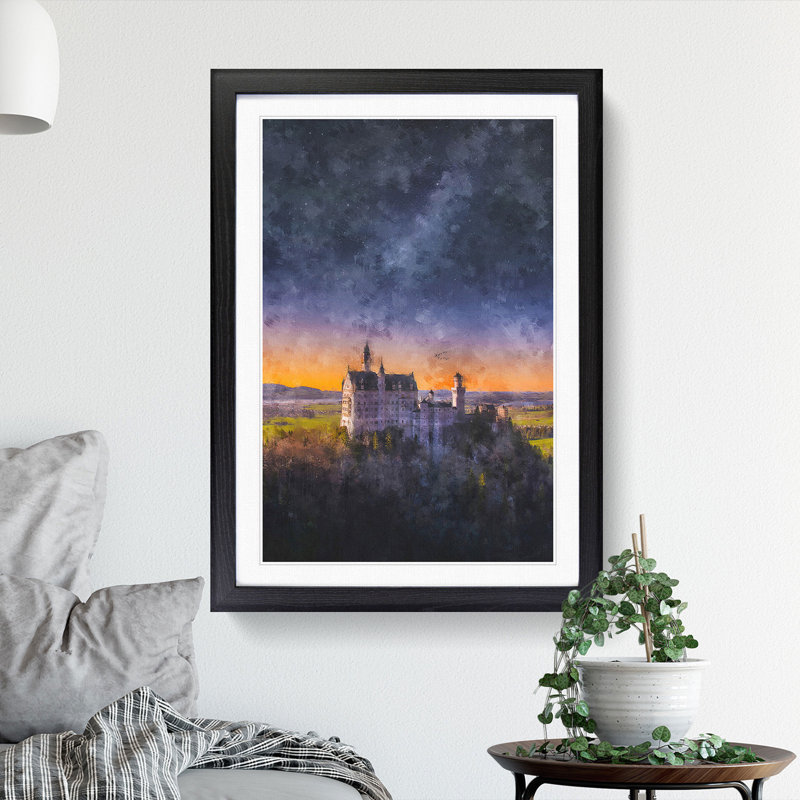 Neuschwanstein Castle at Dusk - Picture Frame Painting, 36cm H x 27cm W x 2cm D, Black Framed