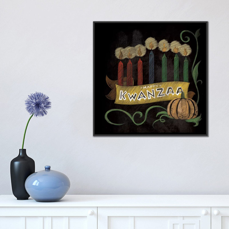 « happy kwanzaa », impression sur toile tendue, H 18 po x l 18 po x P 1,5 po, Toile encadrée noire, Pas de tapis