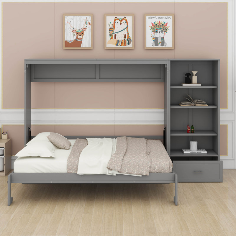 Queen Size Murphy Bed Wall Bed With Height Adjustable Storage Compartments And Shelf, 1 Drawer,Foldable Platform Bed For Small Space Bedroom Guest Room