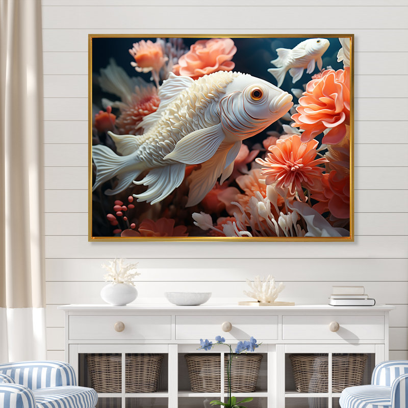 «White Pufferfish Elegance» sur toile imprimée, H 24 po x l 32 po x P 1 po, Cadre flottant doré