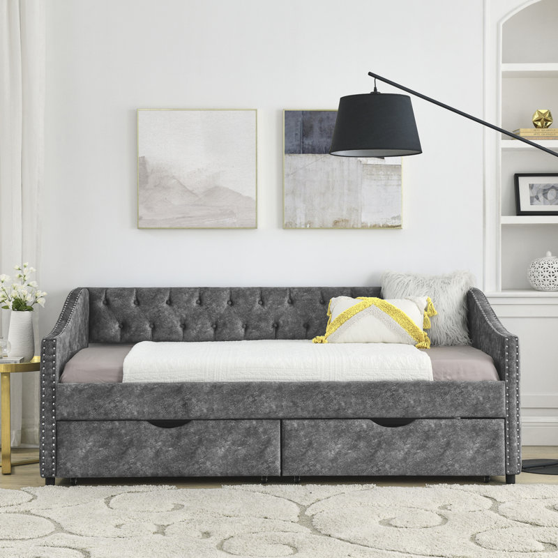 Upholstered Daybed With Drawers For Bedroom, Grey, Twin