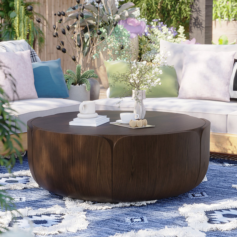 Table basse d'intérieur ronde 35,63 ", table basse centrale à grain de bois moderne, robuste MGO (oxyde de magnésium) imperméable, table sans assemblage pour patio, jardin, cour arrière, salon (brun)