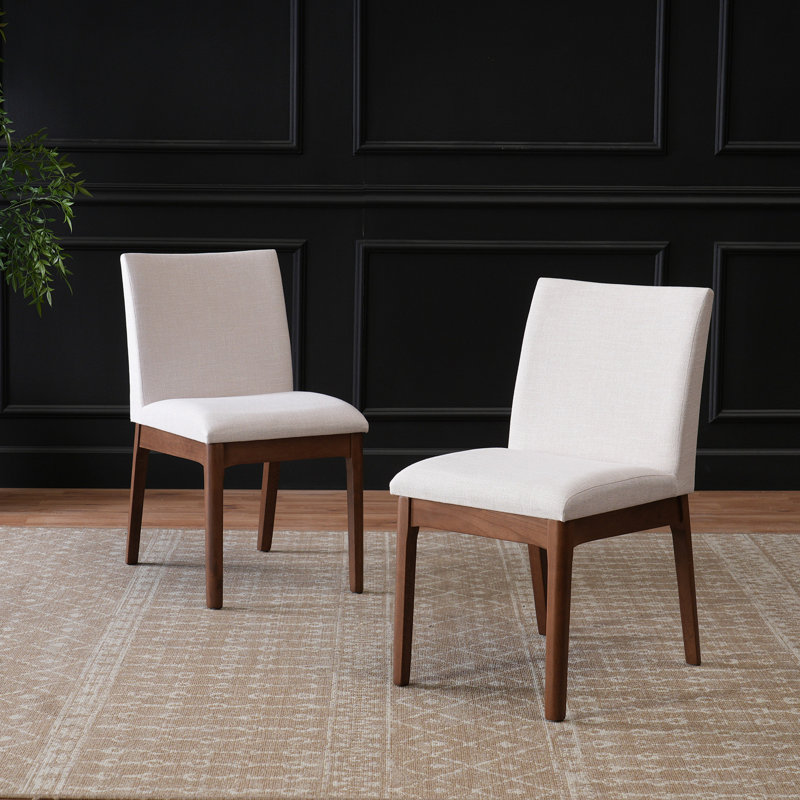 Set of 2 Contemporary Dining Chairs - Upholstered Seat and Backrest, Rubberwood Legs, Walnut + Light Beige