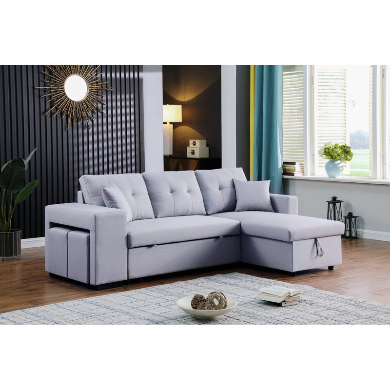 Canapé-lit modulaire réversible avec 2 tabourets Palice Renaissance Revival, Orienté à droite, 100 % lin gris clair