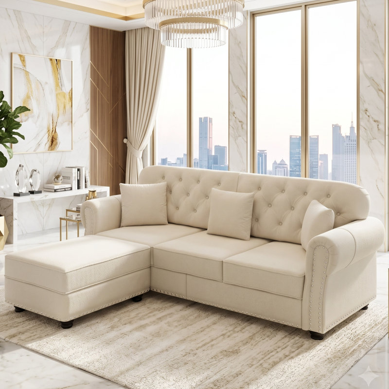 Canapé Chesterfield en velours 82,6 po, Beige et blanc