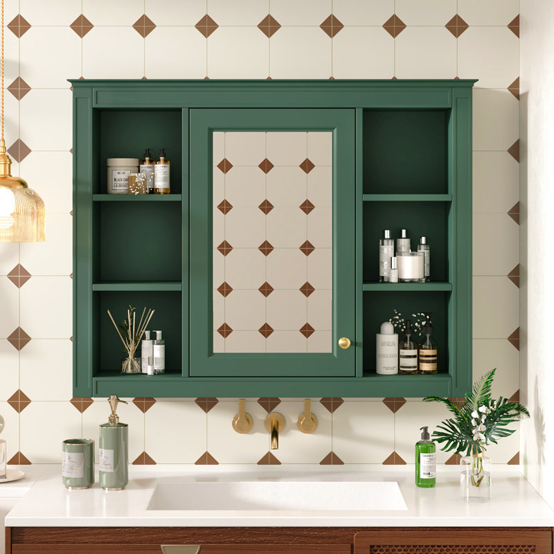 Armoire de salle de bain murale 35 po x 27,5 po - Miroir moderne avec espace de rangement supplémentaire, Vert