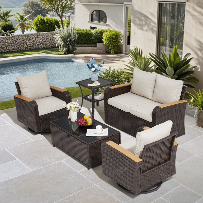 5 Pieces Outdoor Furniture Set With Swivel Chairs, Wicker Patio Furniture For Porch Deck Bistro Lawn Garden Backyard Poolside