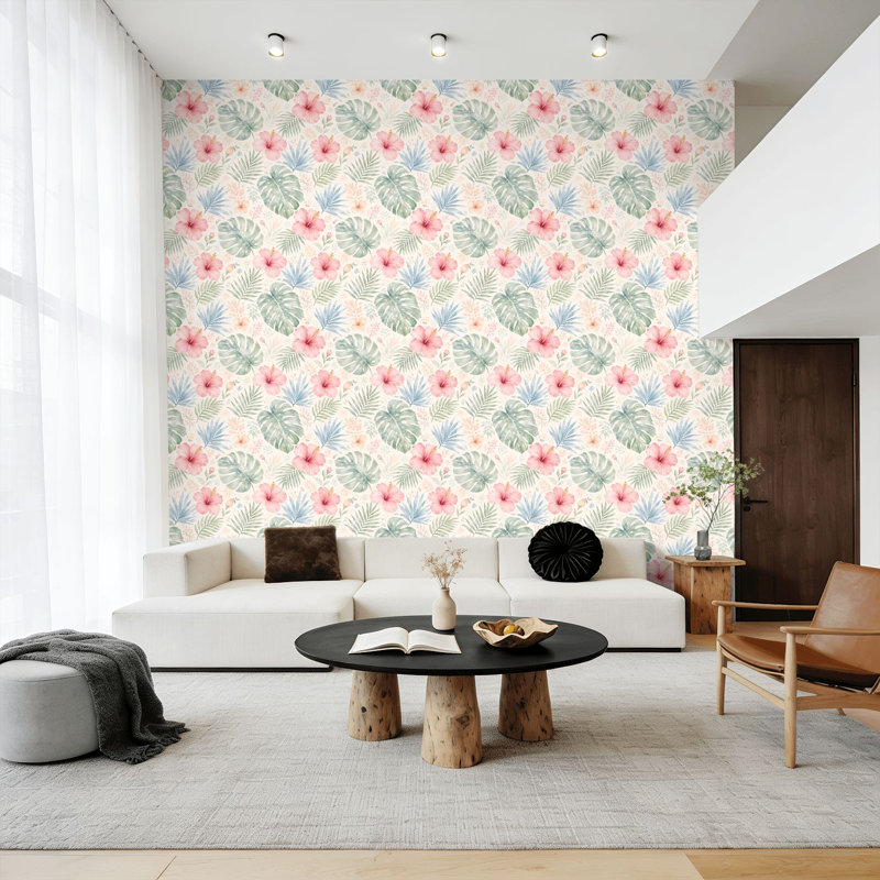 Papier peint auto-adhésif à motif floral Hibiscus Monstera à motif de feuilles de l 17,7 po x H 118 po adhésif auto-adhésif amovible pour les chambres de bébé